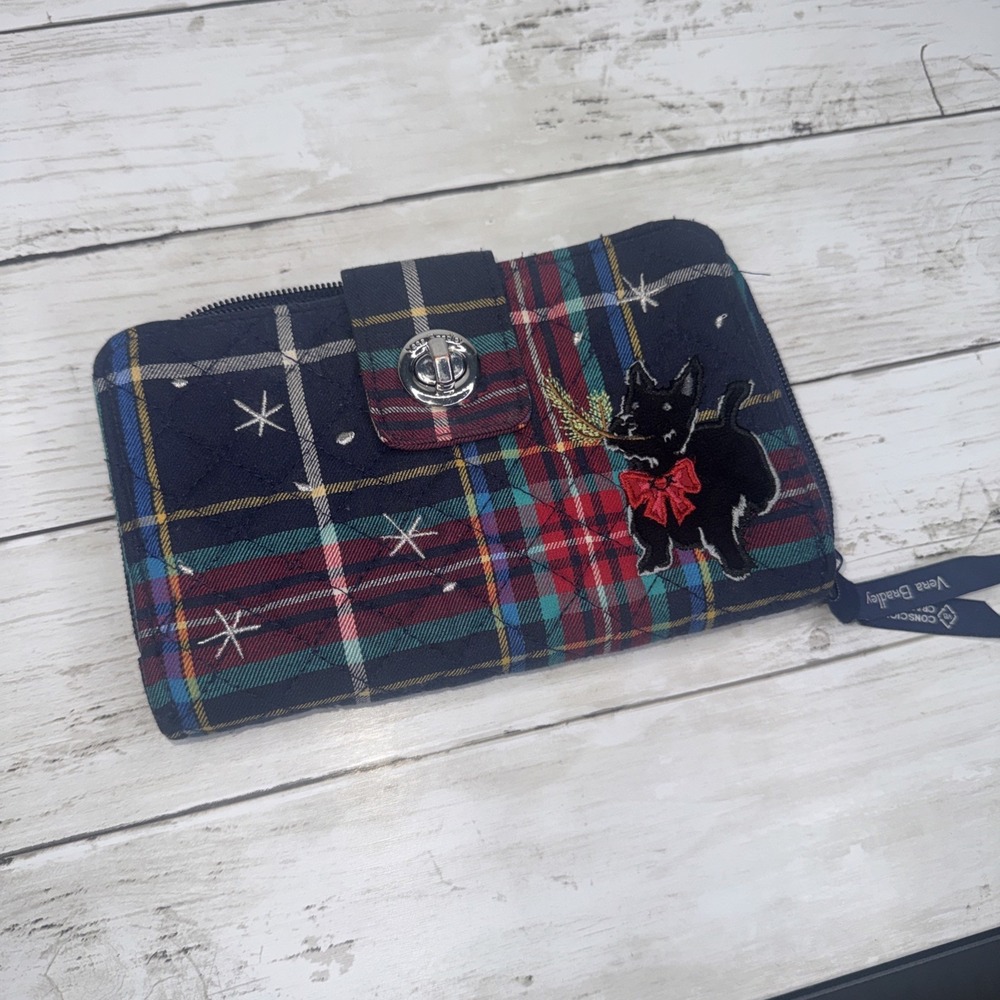 Vera Bradley RFID Turnlock Wallet Scottie Dog Plaid Navy Red Green